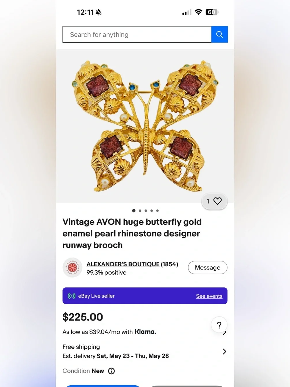 AVON Vintage Gold-tone Enamel, Faux Pearl & Crystal Rhinestone Butterfly Brooch